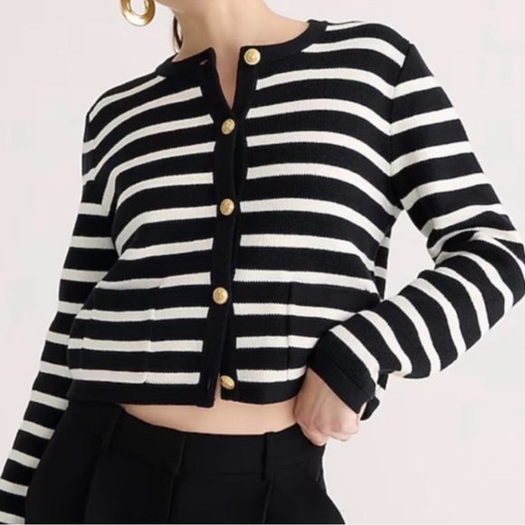 J. Crew Sweaters - J.Crew Emilie Sweater Lady Jacket in Black Ivory Stripe Knit Cardigan sz L